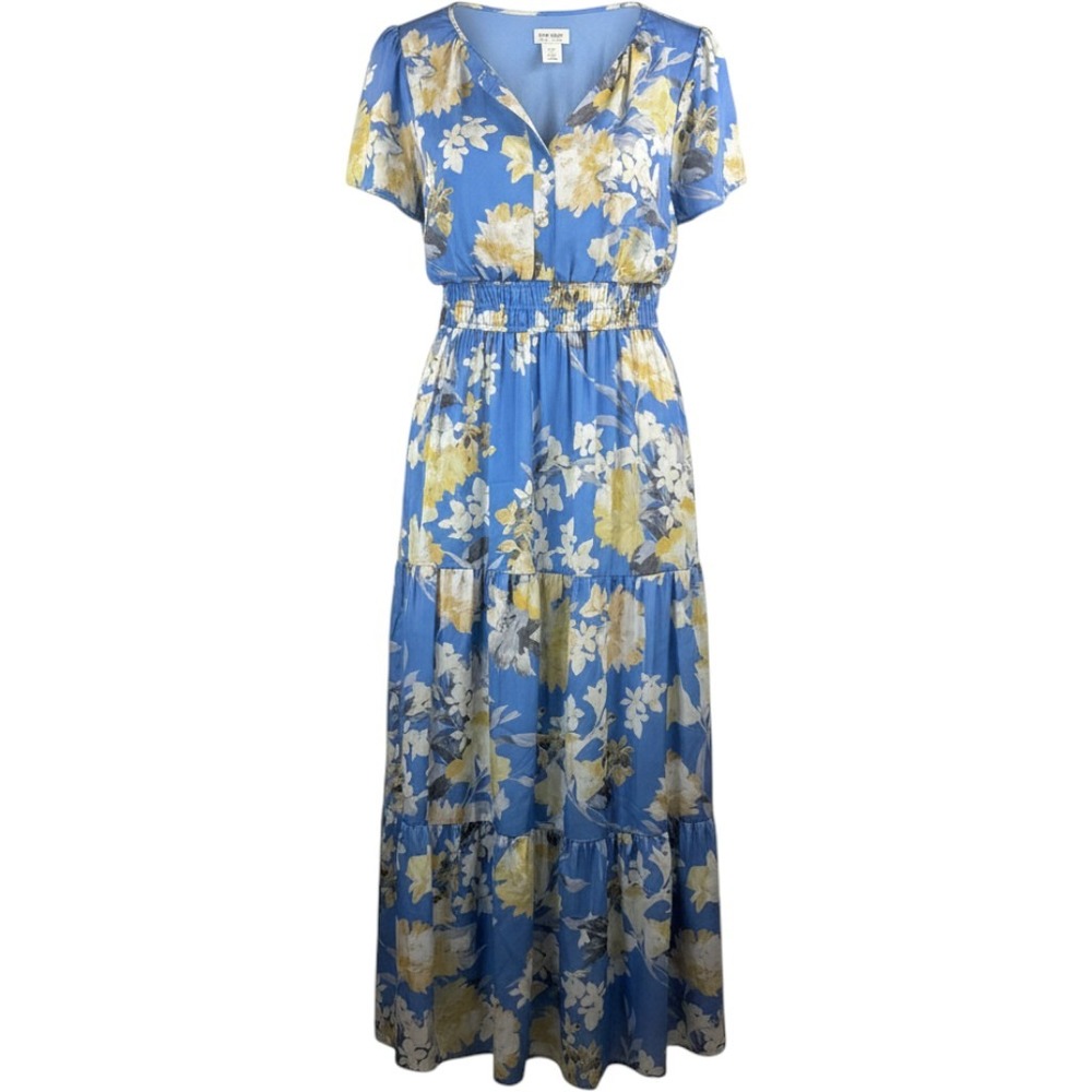 Nicole Miller Maxi Dress M Blue Floral Smocked Tiered Skirt fairy boho satin